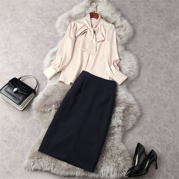 

spring fashion runway designers women bow shirt and pencil skirt elegant suit lady party office clothes, Black