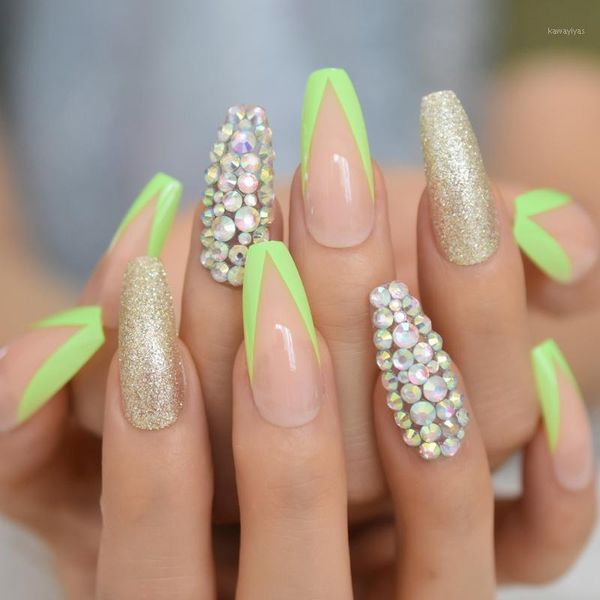 

holo crystal nude pink green french press on false nails shiny glitter extra long ballerina coffin smile line fake fingersnails1, Red;gold