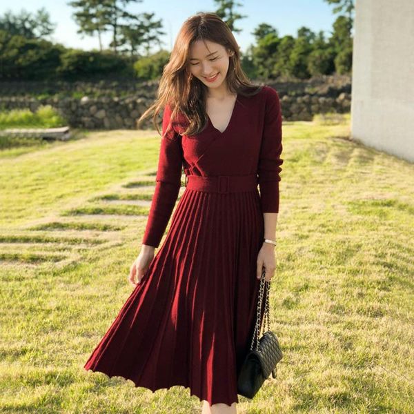

fashion women knitted pleated dress fall winter long sleeve thick sweater solid v neck sashes 4 color casual dresses, Black;gray