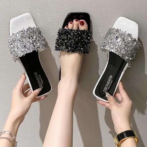 

slippers shoes women 2021 summer sequin sandals girls sandalias mujer, Black