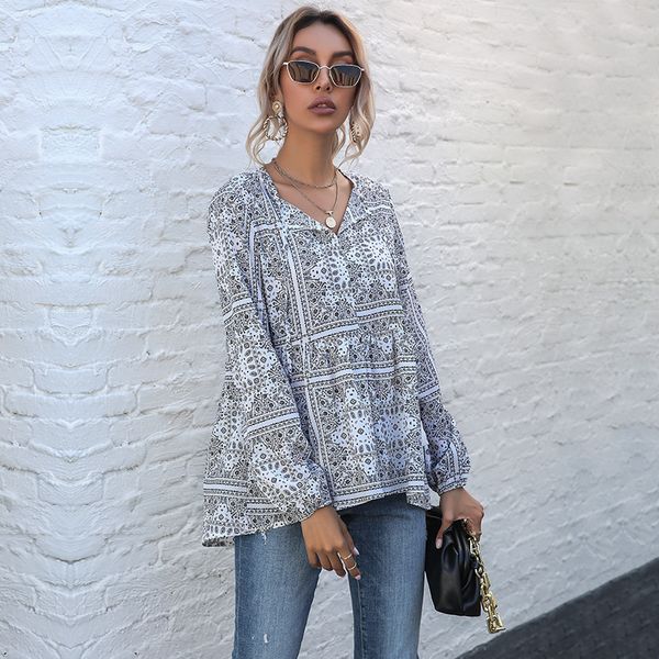 

women's summer spring new tassels print loose chiffon long sleeve chic ladies lace up oversized blouses 210413, White
