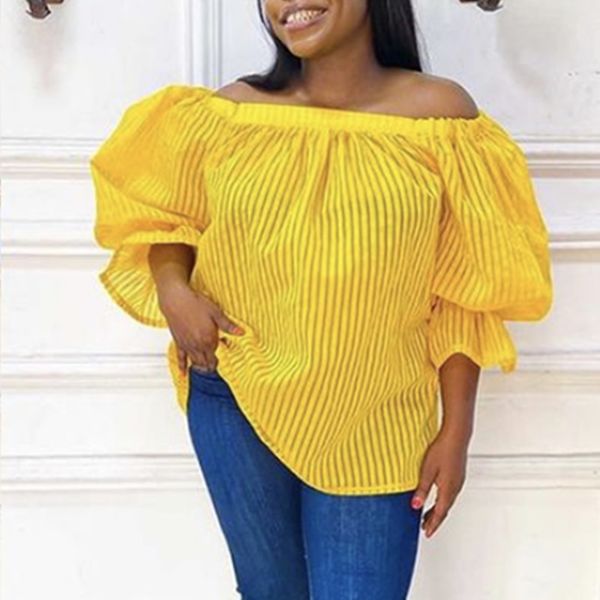 

women blouse shirt off shoulder transparent long lantern sleeve see through striped spring fashion lady bluas 210416, White