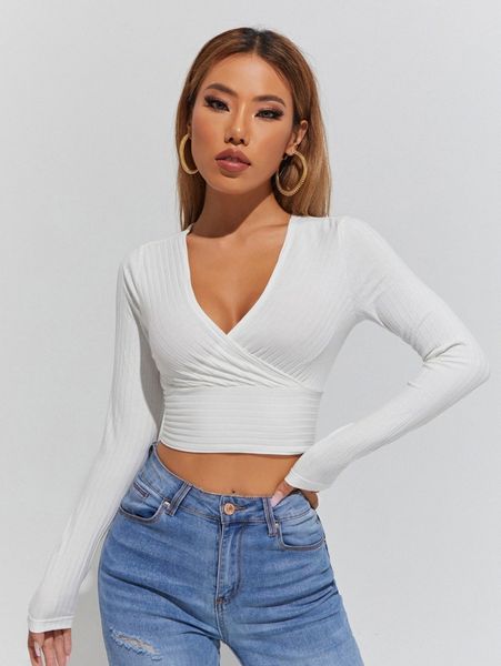 

petite surplice neck crop tee g13z#, White