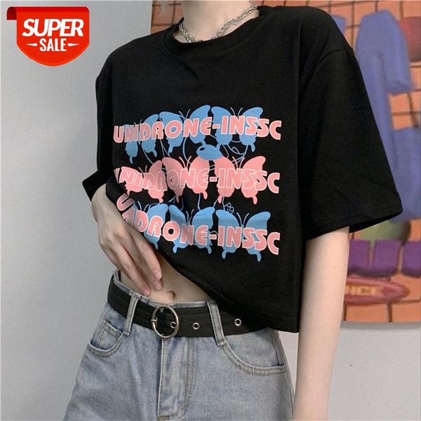 

short-sleeved women's new korean version of the retro butterfly print short umbilical t-shirt be careful machine tide #ft6p, White