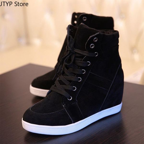 

boots spring women faux suede wedge platform hidden heel shoes high sneaker casual woman ankle boot, Black