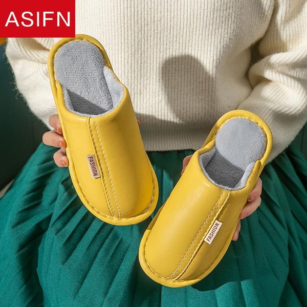 

slippers asifn waterproof cotton women winter home indoor pu leather thick bottom warm couple non-slip male, Black