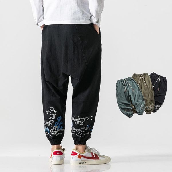 

embroidery men harem pants streetwear mans jogger sweatpants big size cotton trousers male vintage loose cargo 5xl men's, Black
