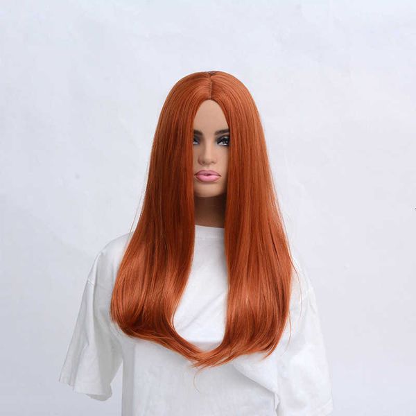 

brown orange brown red medium long straight hair cos wig, Black