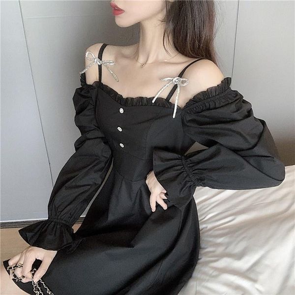 

casual dresses slash neck bare shoulder long sleeve dress women french style 2021 arrival slim waist solid color white, Black;gray