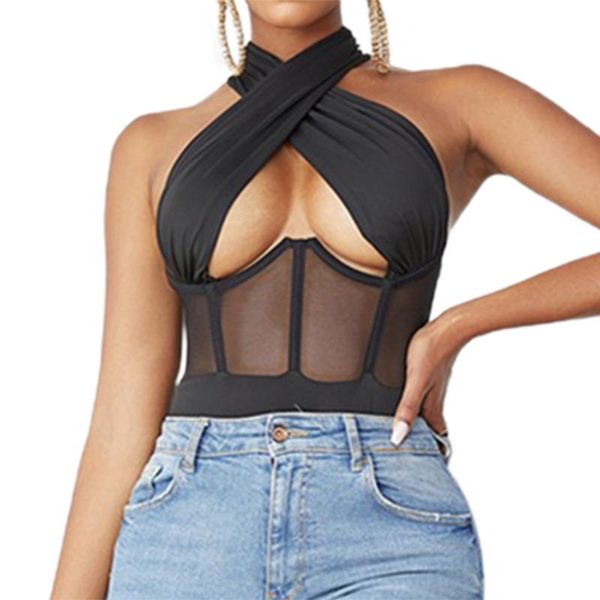 

women's swimwear women hollow out bodysuit,black solid color halter neck backless wrapped chest stitching mesh slim bodysuit,s/ / l, White;black
