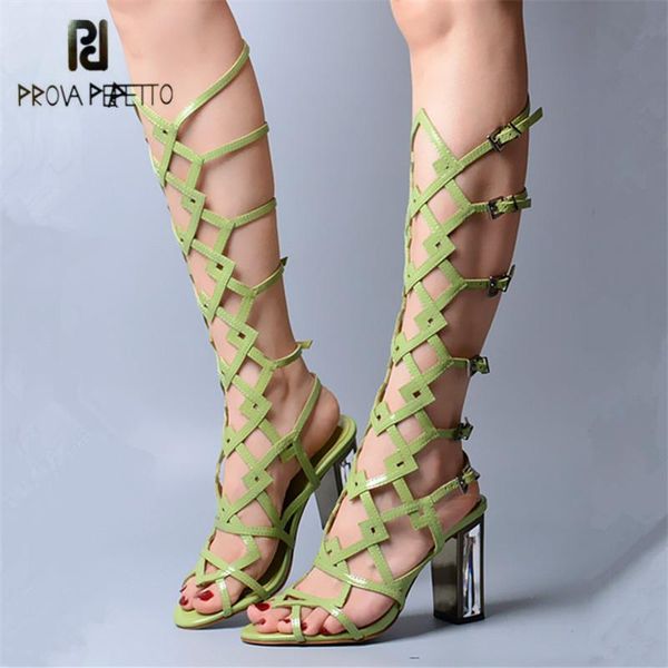 

dress shoes prova perfetto green women summer boots straps chunky high heel sandals hollow out knee gladiator sandalias mujer, Black
