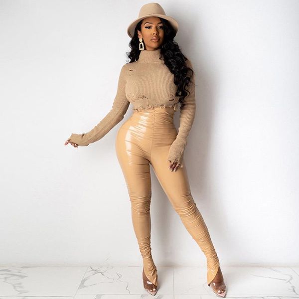 

high streetwear reflective waist khaki women capri leather autumn pink pu trousers pantalon haute femme clothing, Black;white