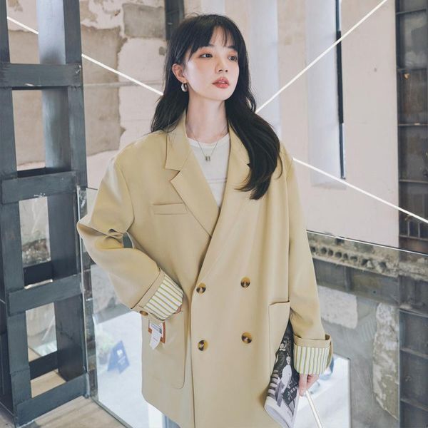 

women's suits & blazers [ewq] korea chic temperament yellow blazer autumn 2021 notched loose single breasted long sleeve suit coat 16e3, White;black