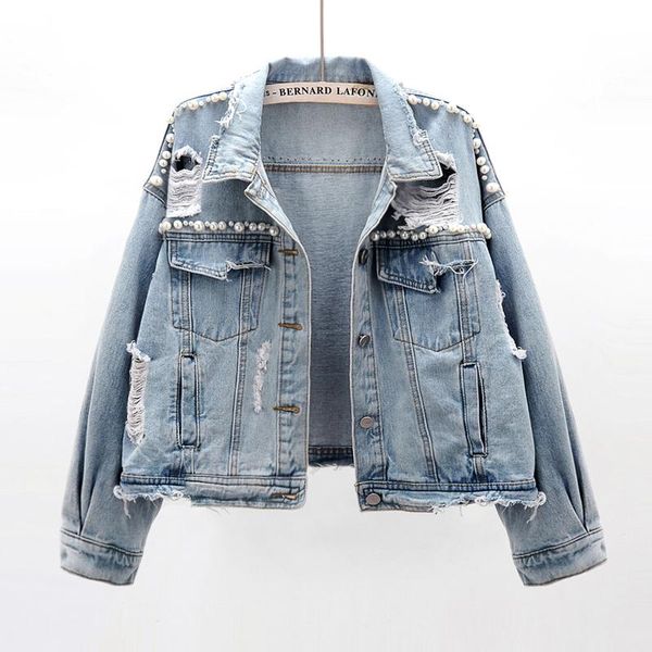 

women's jackets 2021 spring autumn beading holes denim jacket women outerwear korean vintage washed jeans female short frayed coat, Black;brown