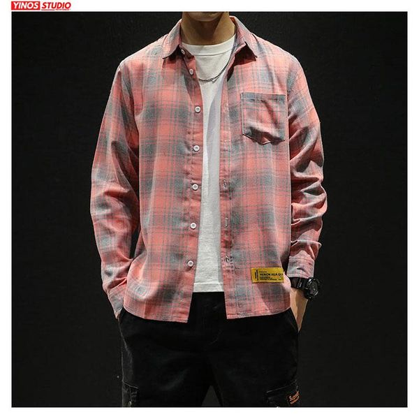 

men's casual shirts drop streetwear causal japanese thin autumn striped plaid male coat cotton outwear loose, White;black