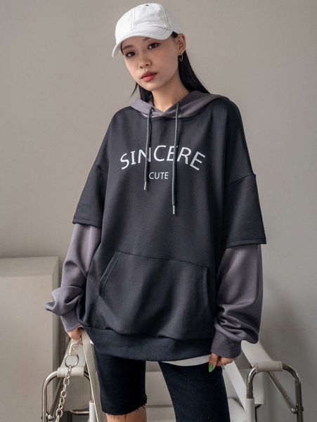 

dazy letter graphic drop shoulder drawstring 2 in 1 hoodie d8ca#, White;black
