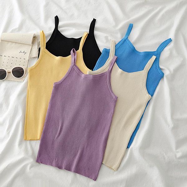 

womens tank women spaghetti knitted camis solid female cottons outerwear for summer crop, White