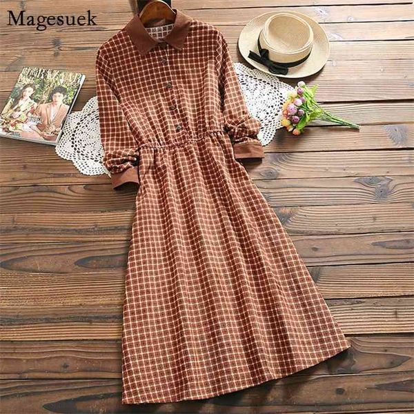

spring plaid dress women elegant party button midi female corduroy long sleeve vintage es ladies vestidos 7424 210512, Black;gray