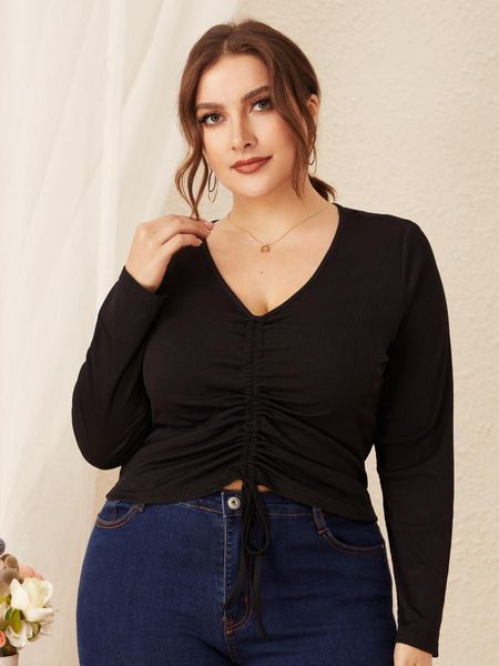 

plus size t-shirt crop woman 2021 fashion spring autumn v neck long sleeve solid casual tee shirt black big ladies tunic
