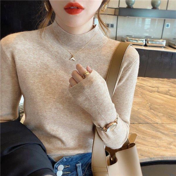 

women's sweaters 2021 autumn women long sleeve knitted mock neck sweater solid soft warm femme pullover chic bottoming short slim cloth, White;black