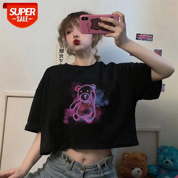 

korean version of the new loose short fun bear print navel short-sleeved t-shirt female #9y5q, White