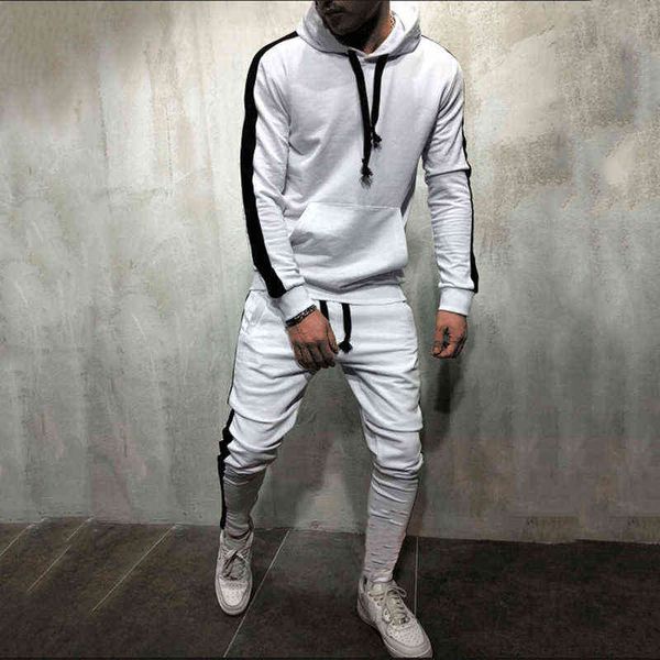 

selling 2 pieces sets tracksuit men new brand autumn winter hooded sweatshirt +drawstring pants male stripe patchwork hoodies bigsweety, Gray