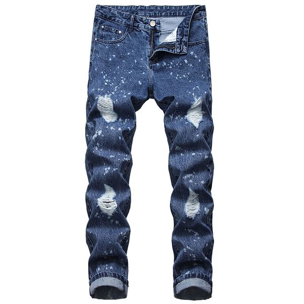

new men casual jeans denim pants painted knees holes no elasticity ripped distressed bleached fashionable high quality, Blue