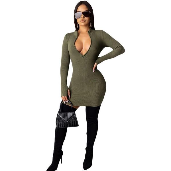 

casual dresses long sleeve zipper knitted sweater dress women stand collar slim bodycon stretchy pullover female autumn winter, Black;gray