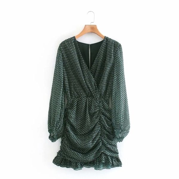 

women printed chiffon v-neck pleated mini dress femme lantern sleeve slim clothes casual lady vestido d6672 210331, Black;gray