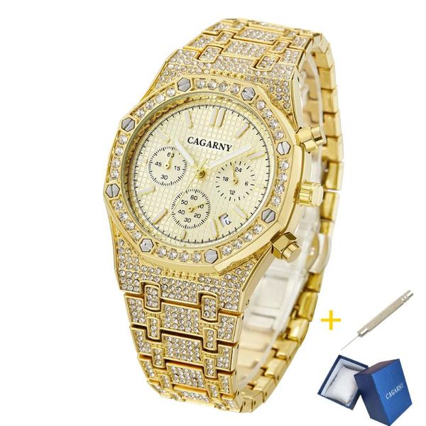 Armbanduhren Cagarny Quarz Herrenuhren Mode Herrenuhr Hip Hop Volldiamant Armbanduhr Gold Bling Wasserdichte männliche Uhr