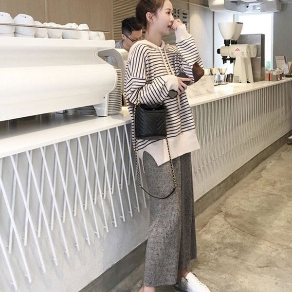 

autumn knitted sets women round neck striped long sleeve + high waist slim wide leg pants suits women's two piece 210525, White