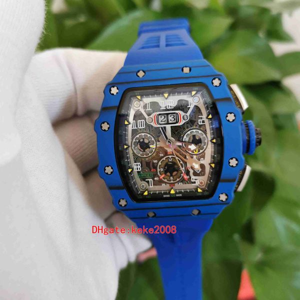 Relógios de alta qualidade 50mm x 44mm r m 11-03 011 NTPT esqueleto fibra de carbono azul bandas de borracha natural transparente Mecânica Mens automático homens assistir relógios de pulso