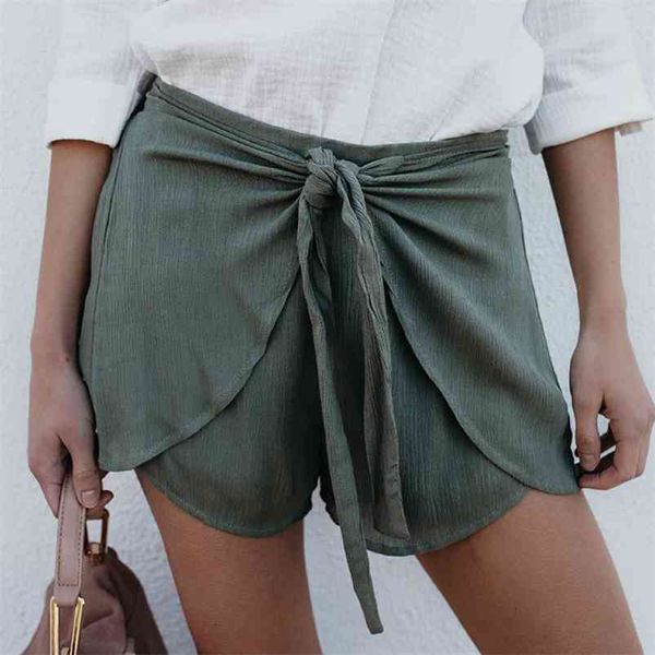 

lace up wide leg shorts womens casual summer green high waist elastic ladies 210427, White;black