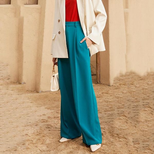 

[eam] high waist blue pleated split joint long wide leg trousers loose fit pants women fashion spring autumn 1da645, Black;white