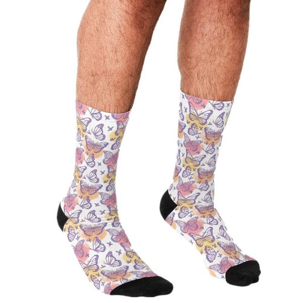 

men's socks funny hand drawn butterflies pattern printed hip hop men happy cute boys street style crazy for, Black
