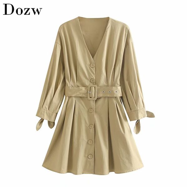 

women elegant vintage pleated mini dress with belt pockets v neck bow tie sleeve a-line party dress solid stylish dresses 210414, Black;gray