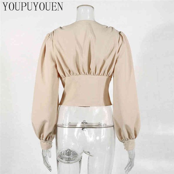 

2021 spring ladies elegant lantern long sleeve blouse v neck crop fashion women button up vintage shirts casual clothing, White