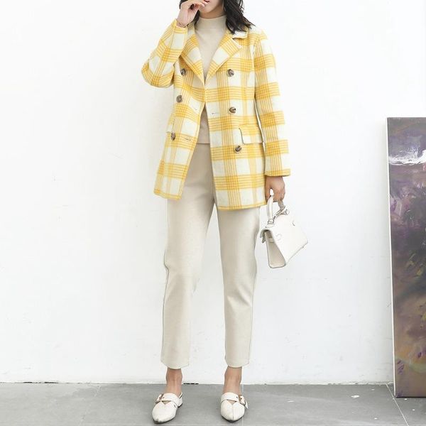 

women's wool & blends spring 2021 double-sided cashmere coat female green plaid short coats fashion show 100% al, Black