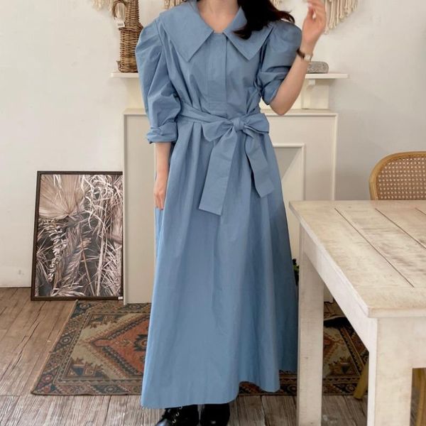 

casual dresses korea chic autumn retro denim blue temperament wild loose tie long lapel dress female, Black;gray