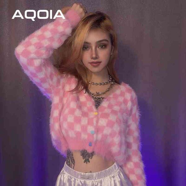 

mihair plaid button up women knitted sweaters y2k long sleeve pink womens short cardigans winter female cardigan 210521, White