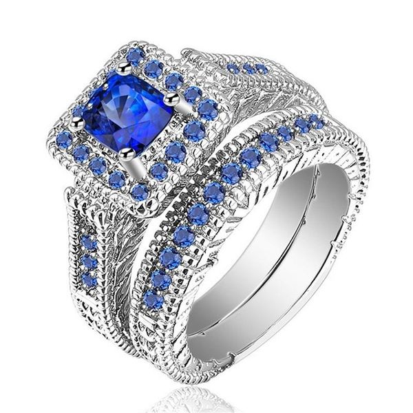 

wedding rings luxury big blue stone crystal for women sliver color engagement jewelry 2pcs/set, Slivery;golden