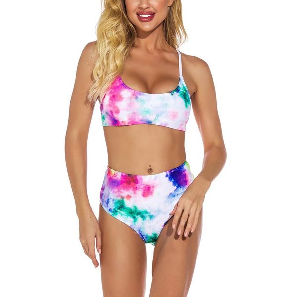 

women's swimwear fashion suspender tie dyed split bikini swimsuit, White;black