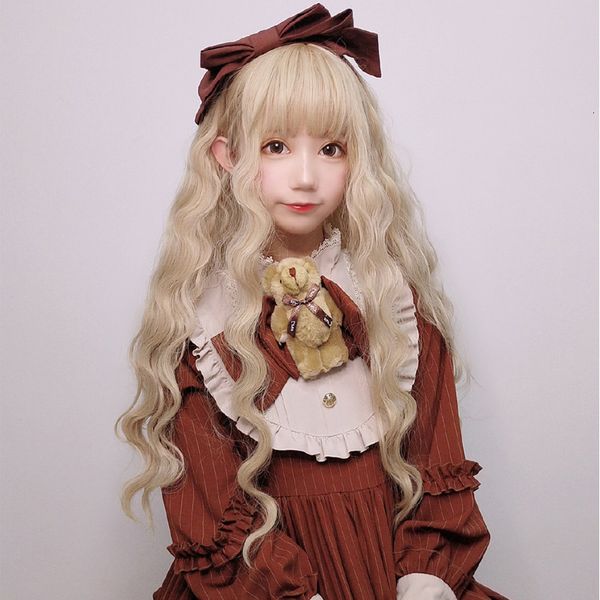 

female wool curl air wig bangs corn perm small wave long curly hair lolita headgear, Black;brown
