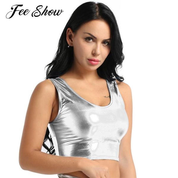 

women's tanks & camis womens fashion tank crop polyester shiny metallic scoop neck stretchy bikini short bustier blouse clubwear, White