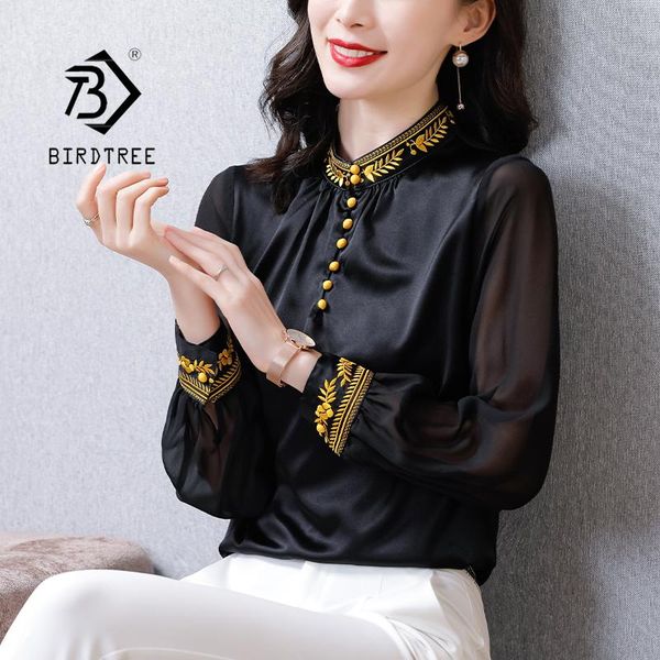 

women's blouses & shirts spring fashion embroidery stand collar satin silk shirt vintage blouse women black long sleeves loose street t, White