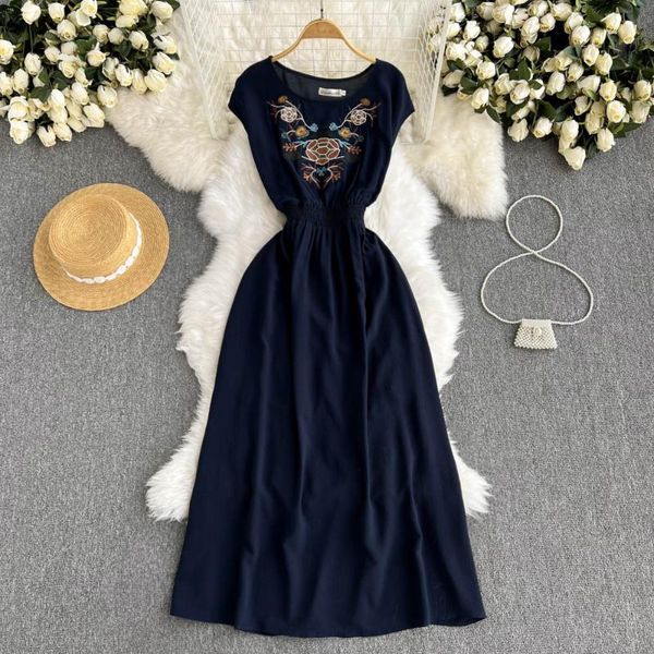 

casual dresses bohemia style dress 2021 summer retro embroidery self-cultivation long chiffon beach vacation, Black;gray