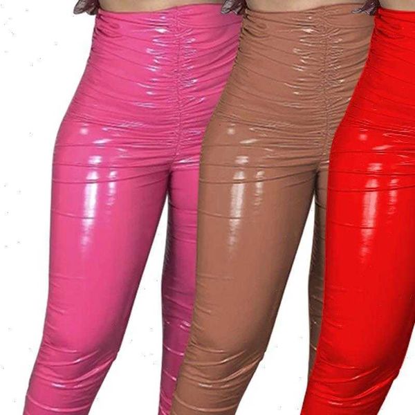 

thick fleece warm pu womens capri leather pleated ruched stacked flare split club trousers legging partywear, Black;white