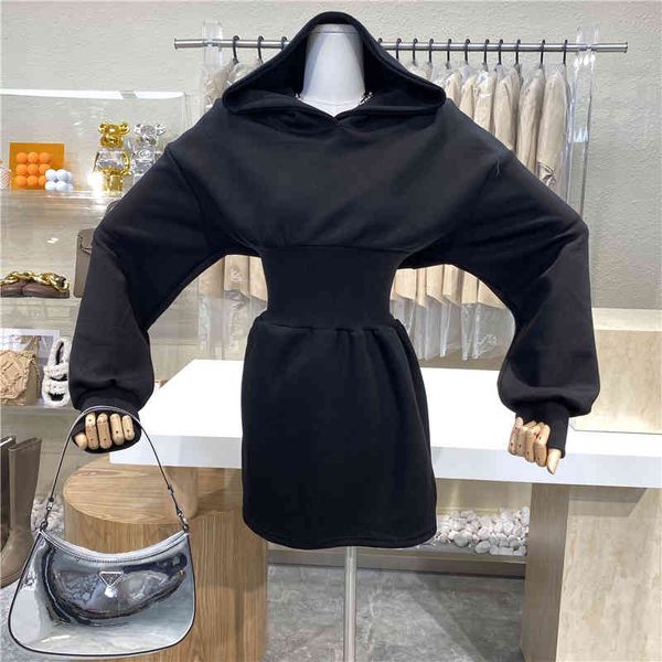 

niche design 2021 leisure thick sports style with sleeves waist tight dress, Black;gray