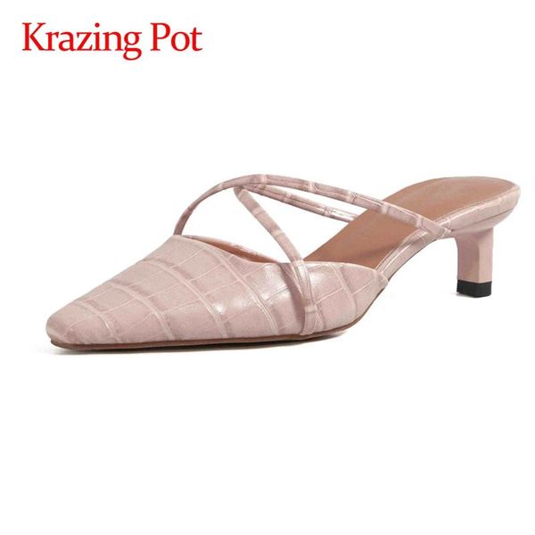 

dress shoes krazing pot korean girls genuine leather gingham small square toe med thin heel slip on mules slingback fashion women pumps l03, Black