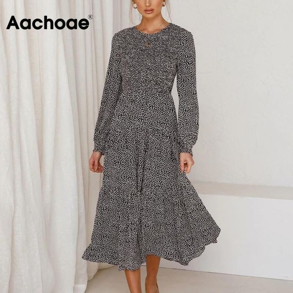 

casual dresses aachoae women printed o neck elegant midi ruffles long sleeve boho dress ladies a line vintage party, Black;gray